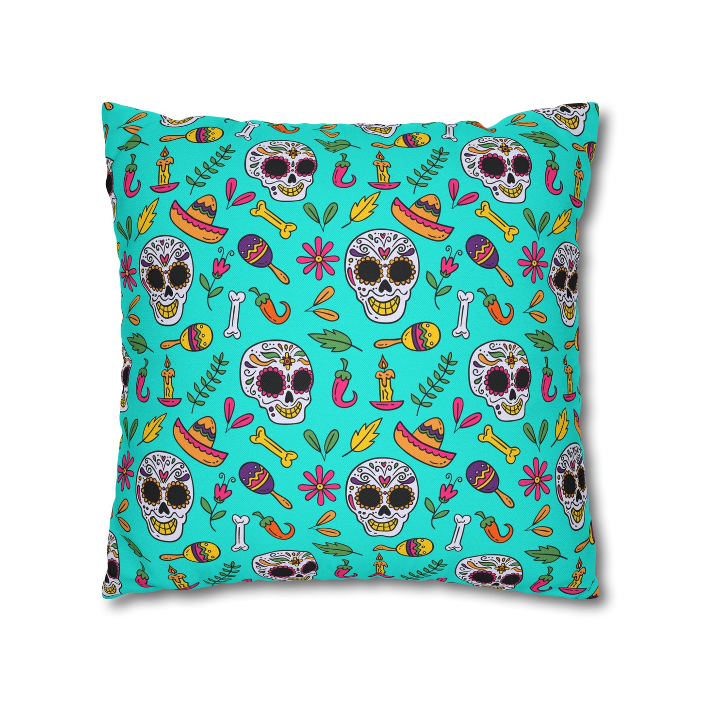Sugar Skull Pillowcase, Day of the Dead Pillow Cover, Dia de Los Muertos Pillow, Halloween Pillow, Turquoise Decorative Square Pillow - HolidayShoppingFinds