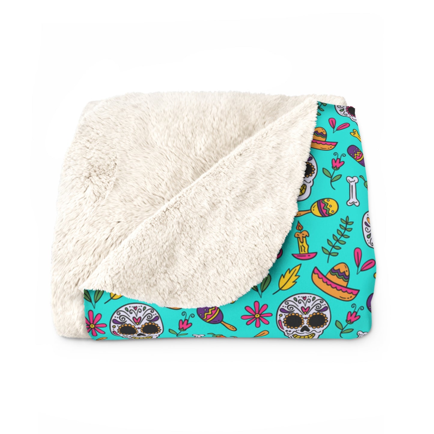 Sugar Skull Sherpa Blanket, Day of the Dead Turquoise Fleece Blanket - HolidayShoppingFinds