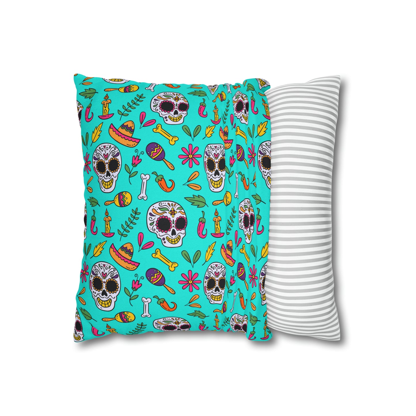 Sugar Skull Pillowcase, Day of the Dead Pillow Cover, Dia de Los Muertos Pillow, Halloween Pillow, Turquoise Decorative Square Pillow - HolidayShoppingFinds