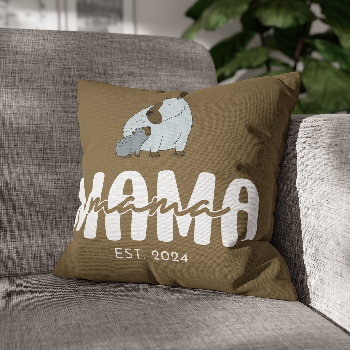 Personalized Mama Capybara Pillowcase Khaki, Gift For Mom 16" × 16" - HolidayShoppingFinds