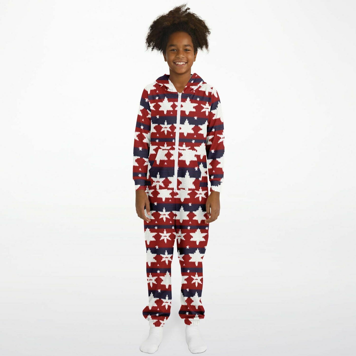 Americana Knitted Pattern Teens Onesie, Kids Patriotic Athletic Jumpsuit Red White & Blue - HolidayShoppingFinds