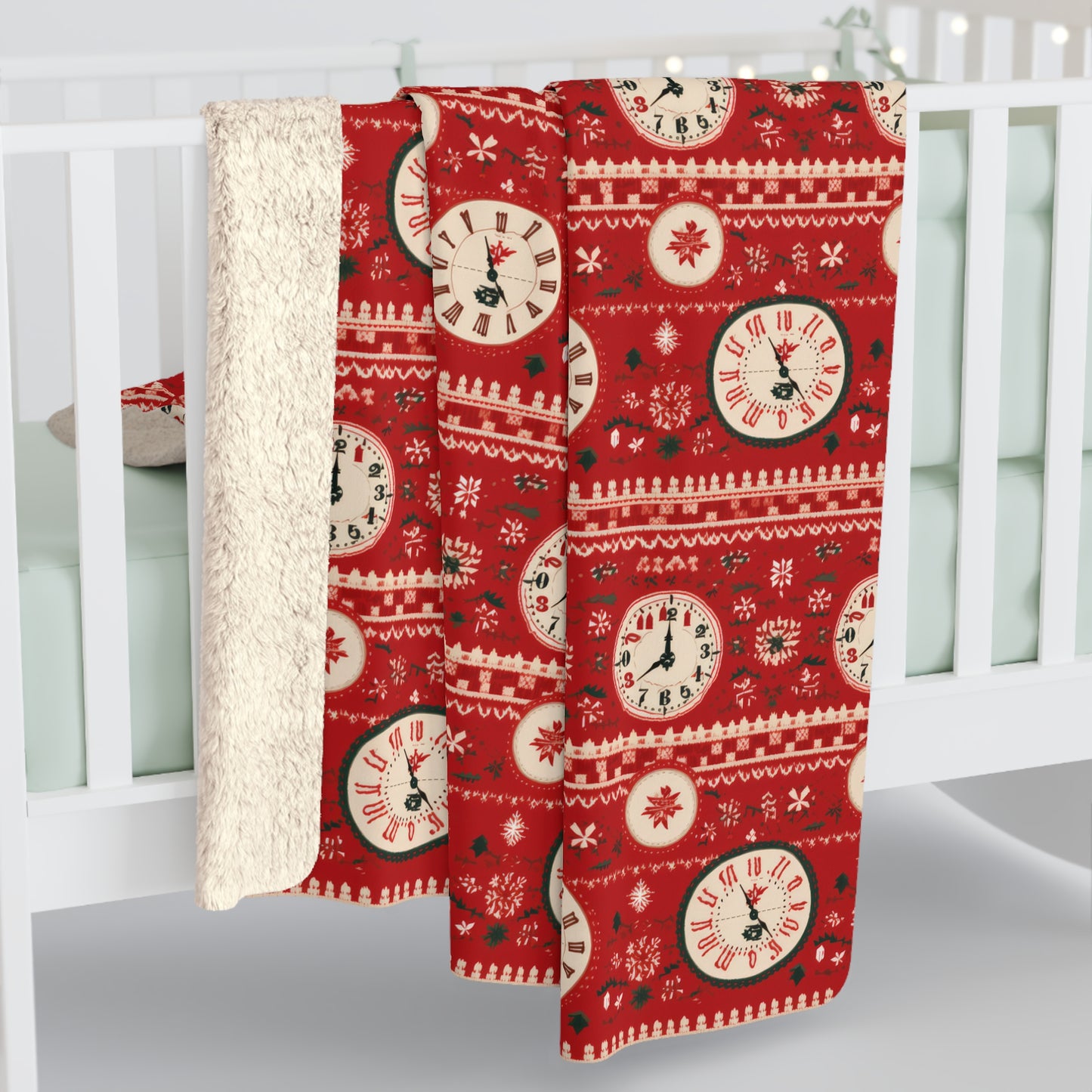 Holiday Clock Sherpa Blanket, Festive Blanket, Christmas Throw Blanket, Red Cozy Throw Blanket, Holiday Gift - HolidayShoppingFinds