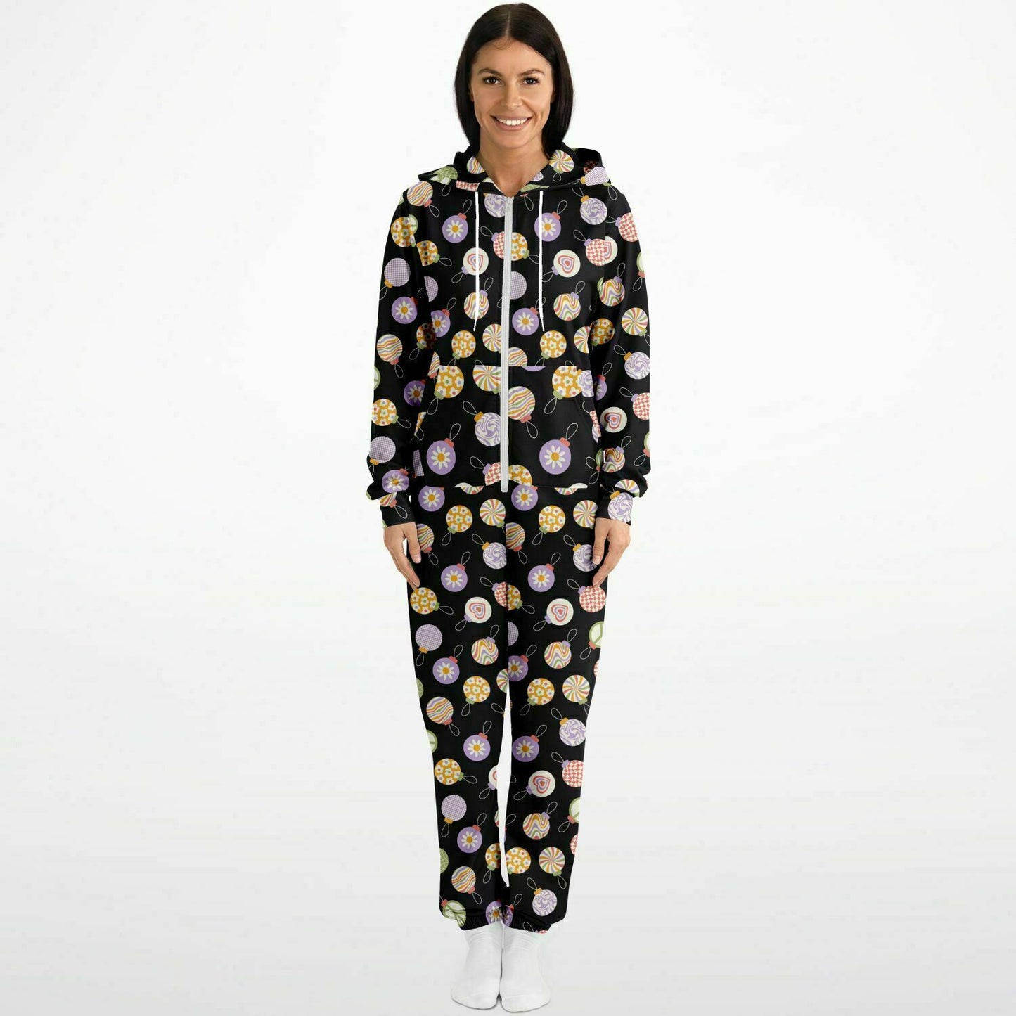 Colorful Christmas Ornaments Black Jumpsuit Adult Onesie Gender-Neutral Athletic - HolidayShoppingFinds