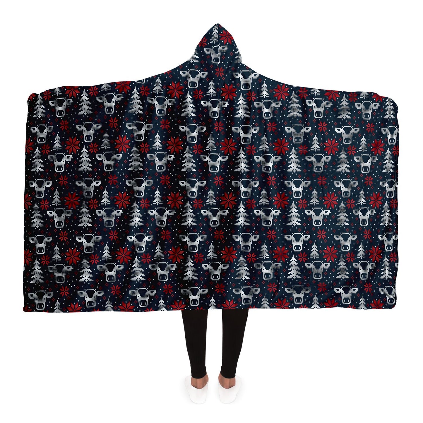 Blue Christmas Cows, Trees & Snowflakes Hooded Blanket Adult Premium Sherpa - HolidayShoppingFinds