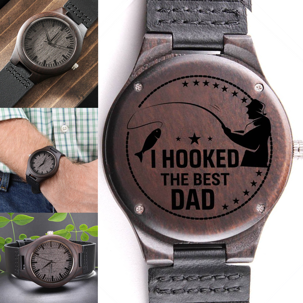I Hooked The Best Dad Engraved Wooden Watch Gift for Fisherman Dad - HolidayShoppingFinds
