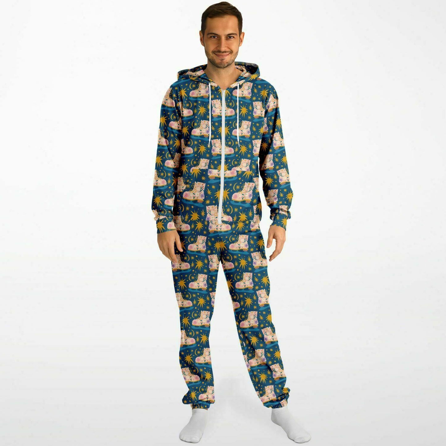 Pink Ice Skates & Yellow Stars Jumpsuit Adult Onesie Gender-Neutral Athletic - HolidayShoppingFinds