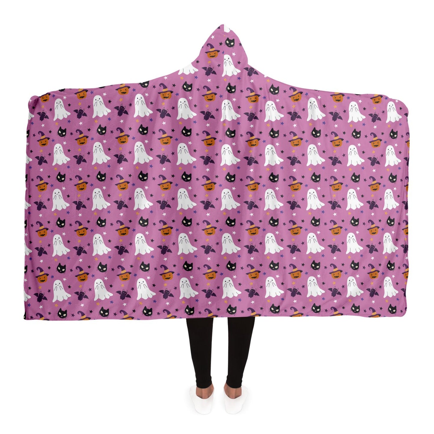 Cute Pink Halloween Hooded Blanket, Spooky Ghosts, Black Cats, Pumpkins & Bats - HolidayShoppingFinds