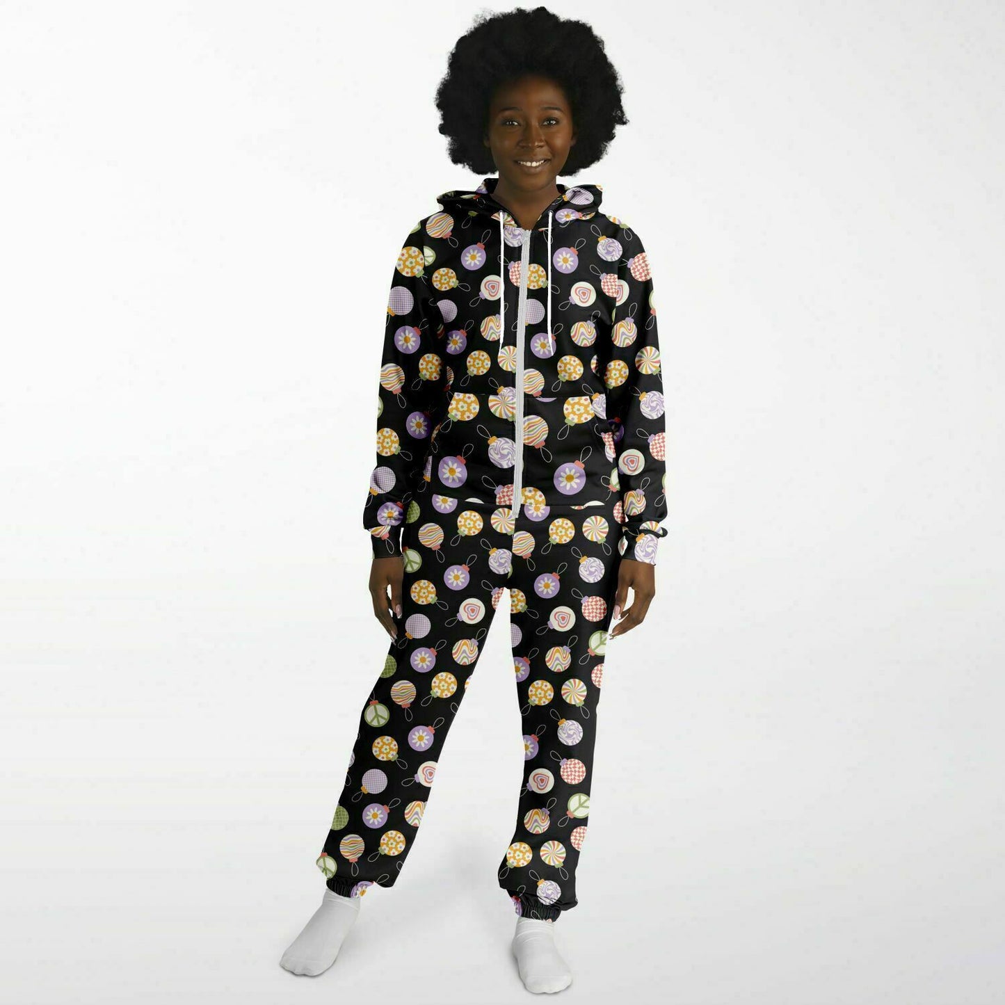Colorful Christmas Ornaments Black Jumpsuit Adult Onesie Gender-Neutral Athletic - HolidayShoppingFinds