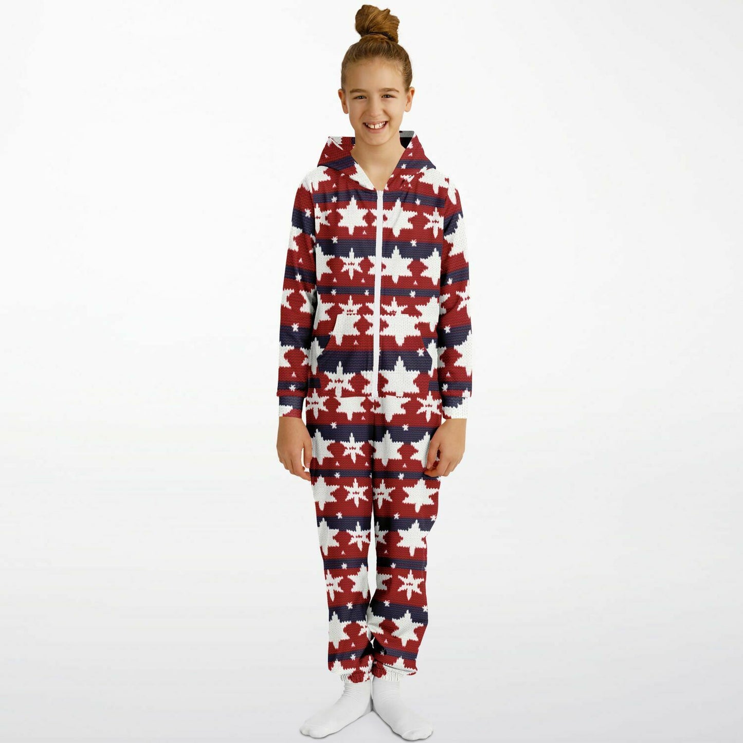 Americana Knitted Pattern Teens Onesie, Kids Patriotic Athletic Jumpsuit Red White & Blue - HolidayShoppingFinds
