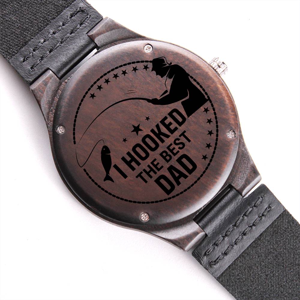 I Hooked The Best Dad Engraved Wooden Watch Gift for Fisherman Dad - HolidayShoppingFinds