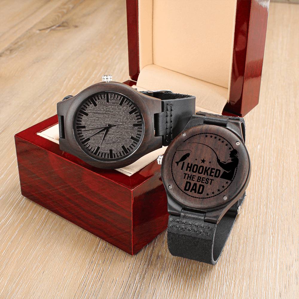 I Hooked The Best Dad Engraved Wooden Watch Gift for Fisherman Dad Luxury Box - HolidayShoppingFinds