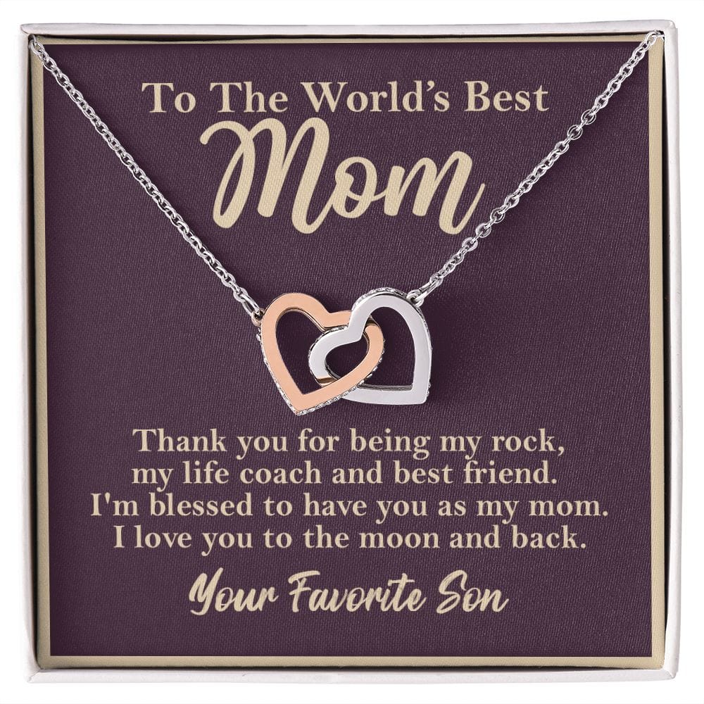 World's Best Mom From Son Interlocking Heart Rose Gold Necklace Gift - HolidayShoppingFinds