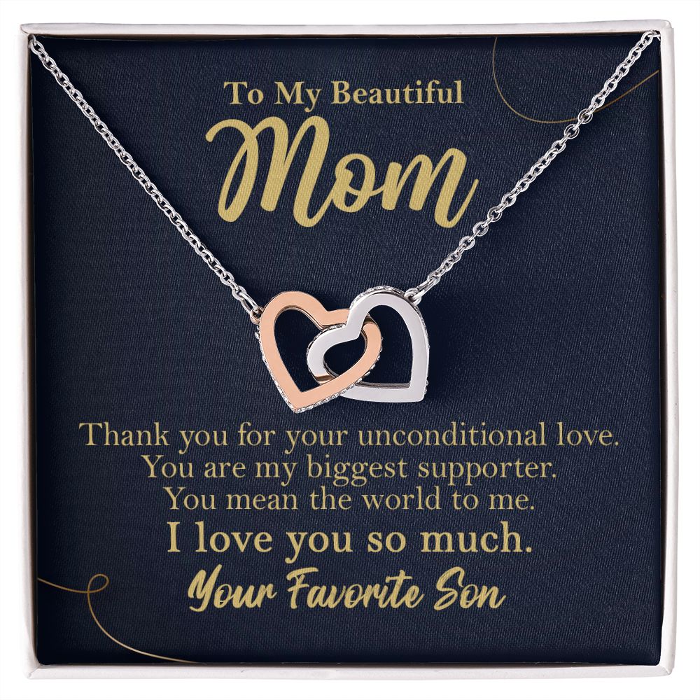To My Beautiful Mom Interlocking Heart Necklace Gift From Favorite Son - HolidayShoppingFinds