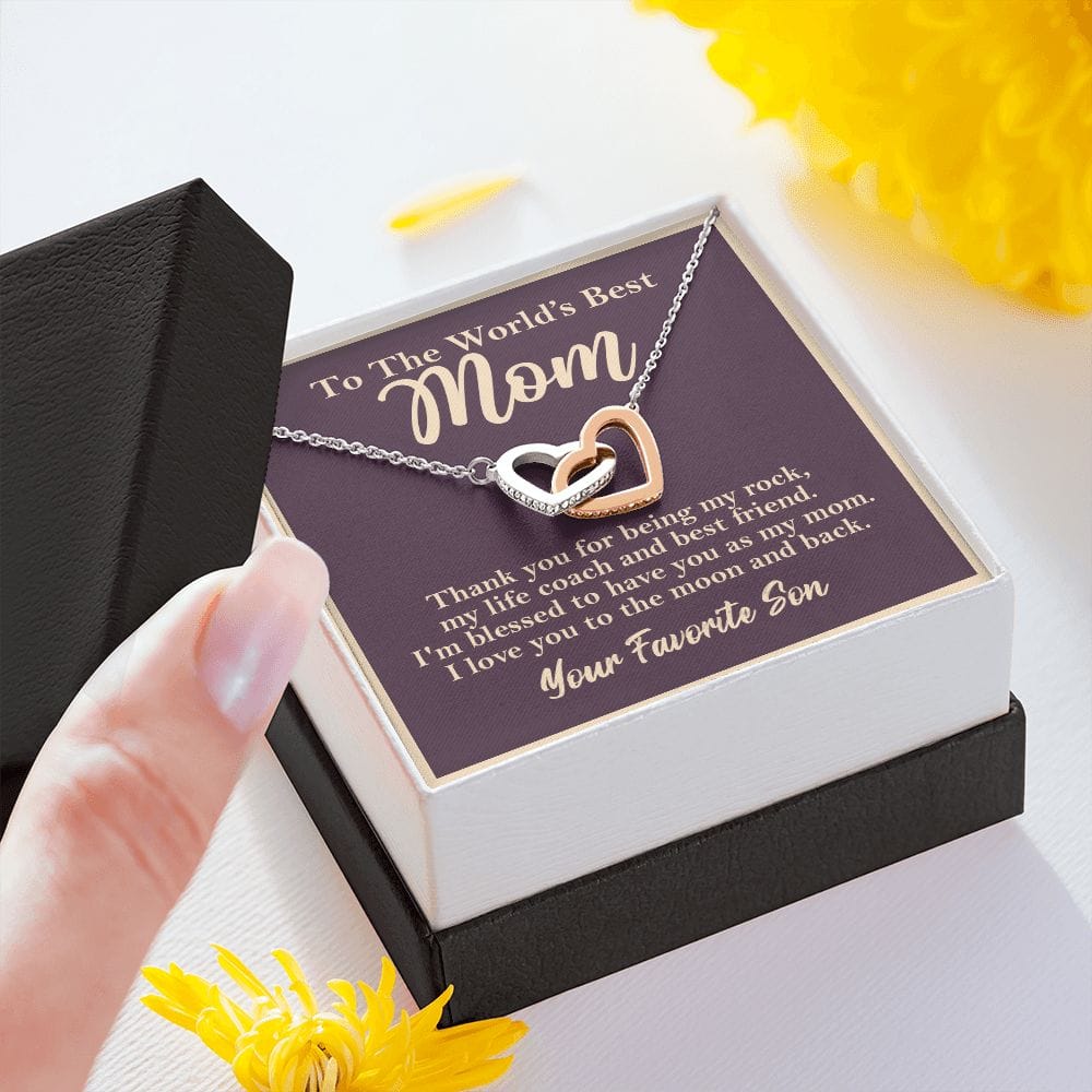 World's Best Mom From Son Interlocking Heart Rose Gold Necklace Gift - HolidayShoppingFinds