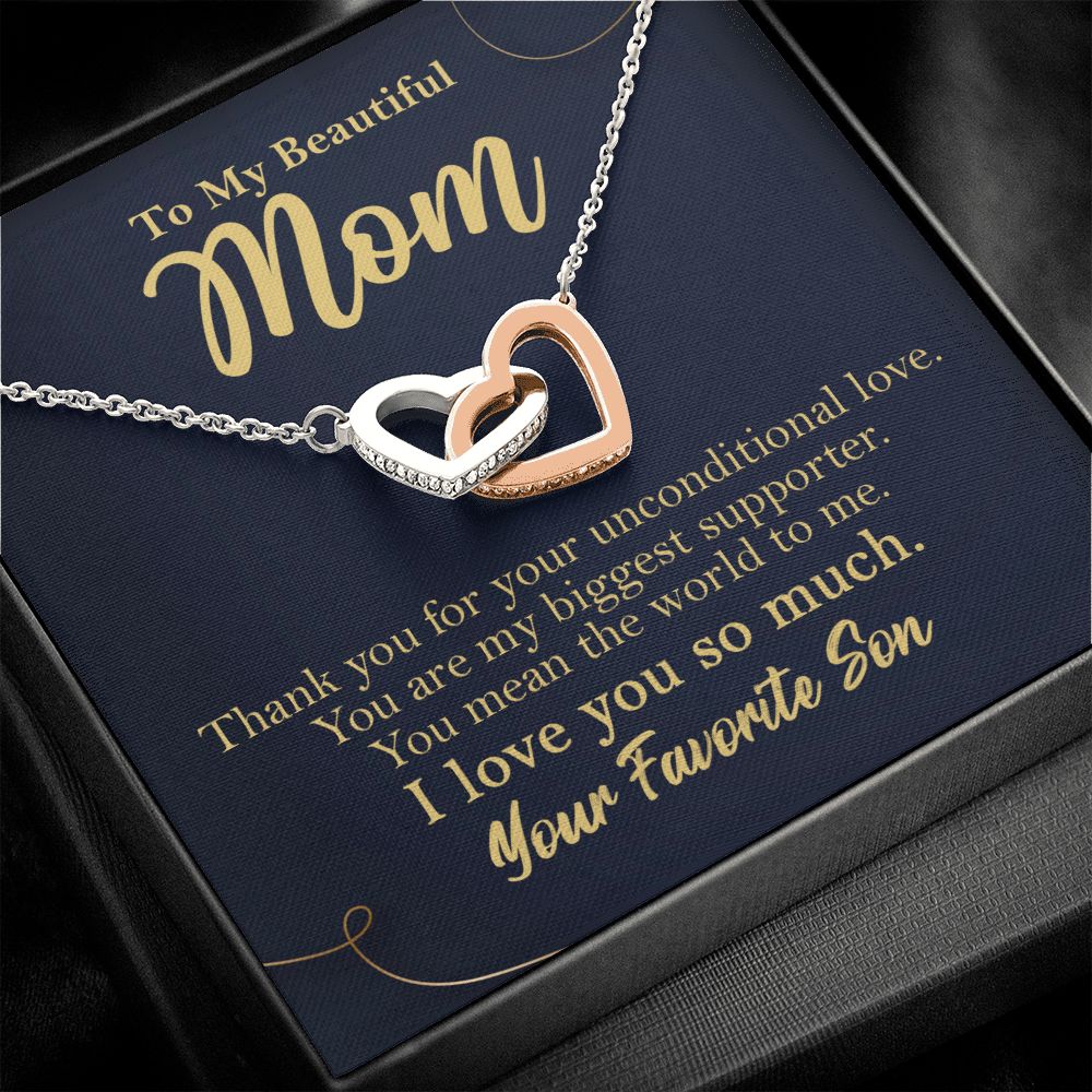 To My Beautiful Mom Interlocking Heart Necklace Gift From Favorite Son Rose Gold Finish Two-Toned Gift Box - HolidayShoppingFinds