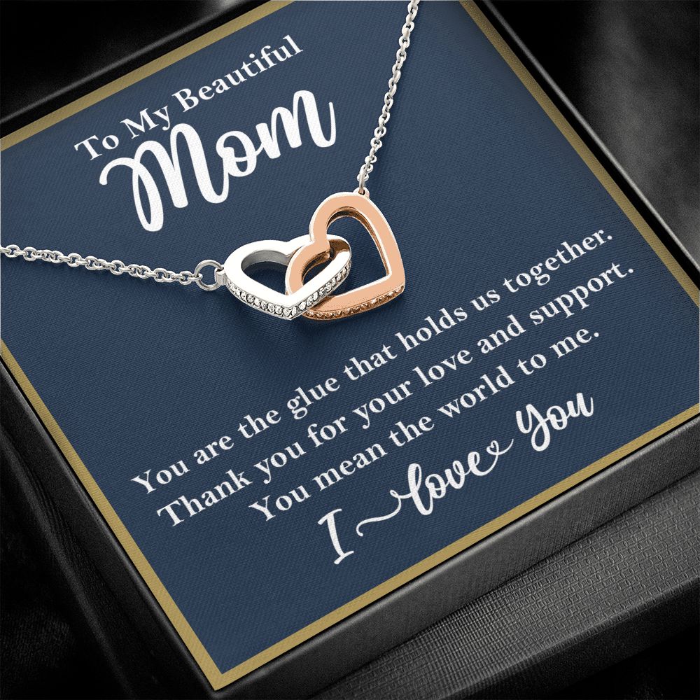 To My Beautiful Mom Interlocking Heart Rose Gold Necklace Gift for Mom Rose Gold Finish Two-Toned Gift Box - HolidayShoppingFinds