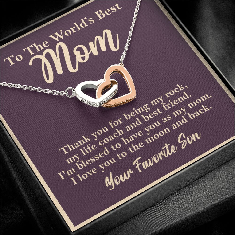 World's Best Mom From Son Interlocking Heart Rose Gold Necklace Gift Rose Gold Finish Two-Toned Gift Box - HolidayShoppingFinds