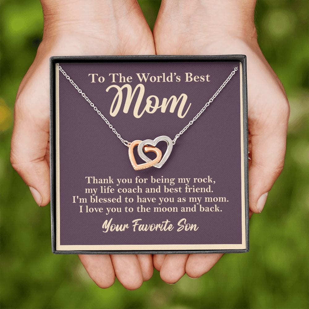 World's Best Mom From Son Interlocking Heart Rose Gold Necklace Gift - HolidayShoppingFinds
