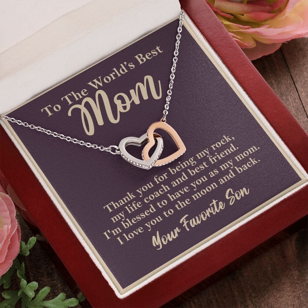 World's Best Mom From Son Interlocking Heart Rose Gold Necklace Gift - HolidayShoppingFinds