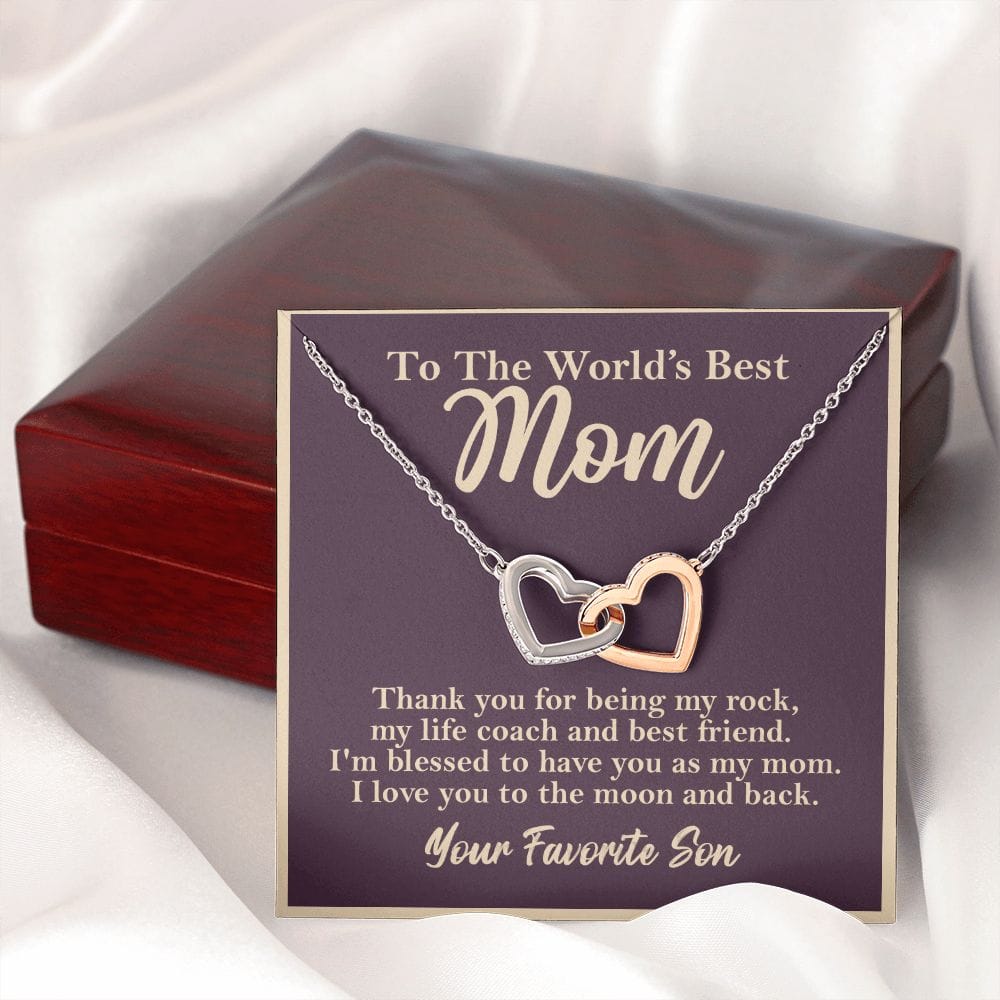 World's Best Mom From Son Interlocking Heart Rose Gold Necklace Gift - HolidayShoppingFinds