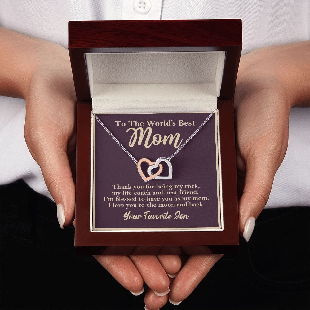 World's Best Mom From Son Interlocking Heart Rose Gold Necklace Gift - HolidayShoppingFinds