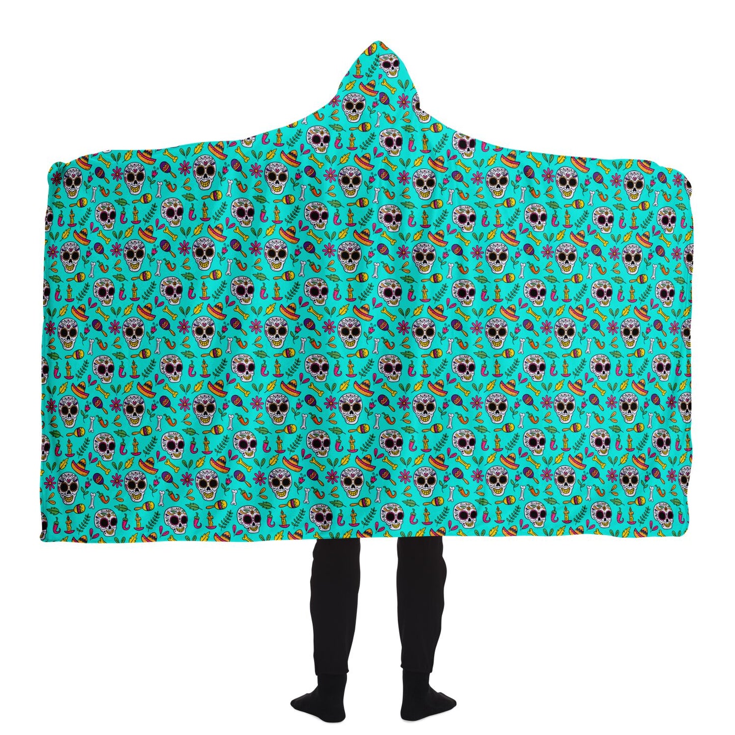 Turquoise Sugar Skull Hooded Blanket, Day of the Dead, Halloween Hooded Blanket - HolidayShoppingFinds