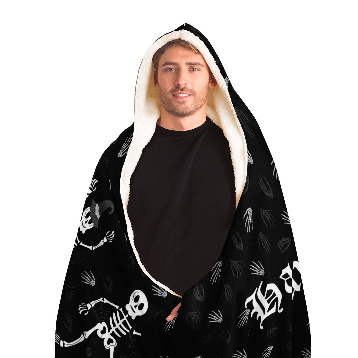 Halloween Happy Haunted House Spooky Skeletons over Bones Pattern Hooded Blanket - HolidayShoppingFinds