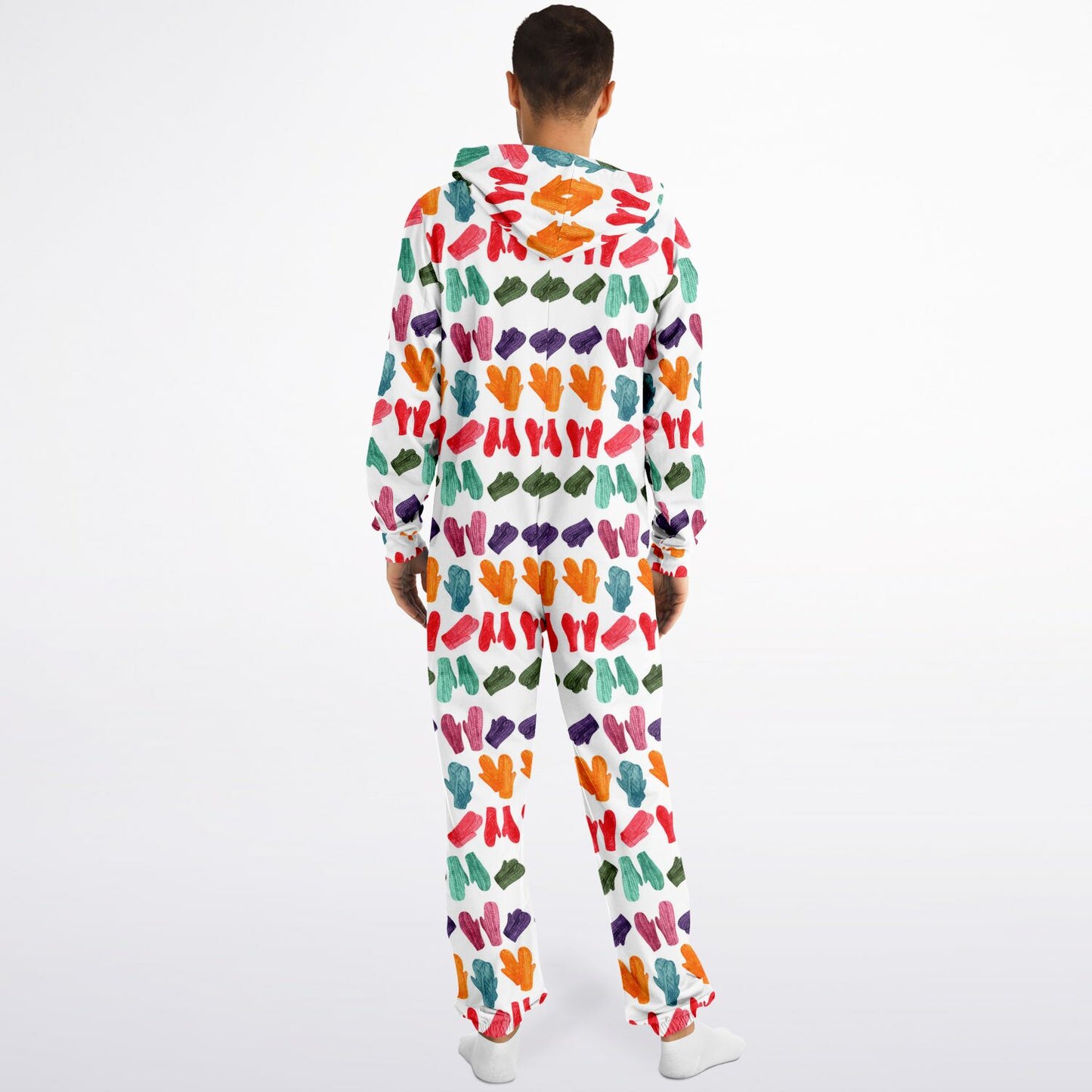 Vintage Colorful Mitten Pattern Adult Jumpsuit White Athletic Onesie Unisex PJ - HolidayShoppingFinds
