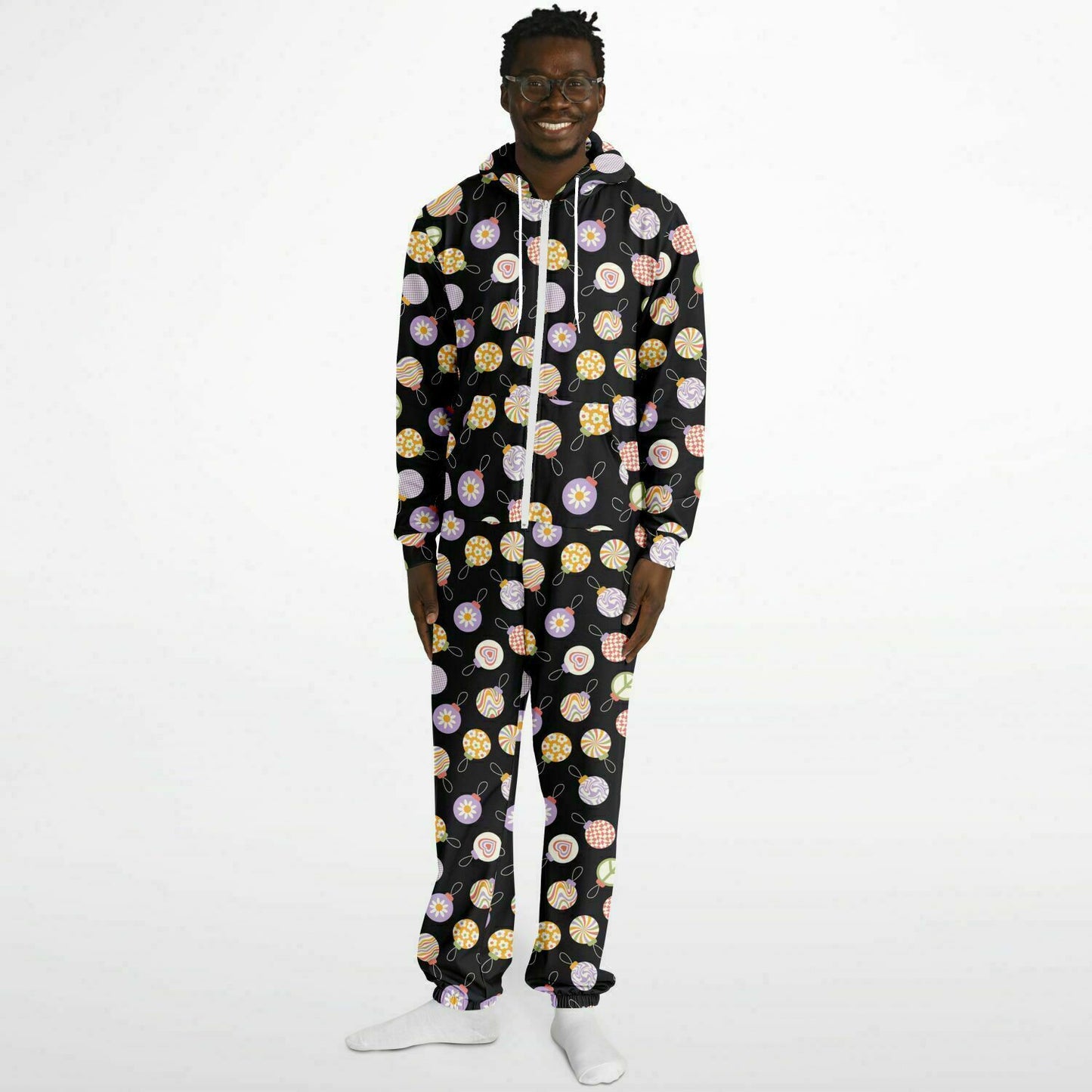 Colorful Christmas Ornaments Black Jumpsuit Adult Onesie Gender-Neutral Athletic - HolidayShoppingFinds