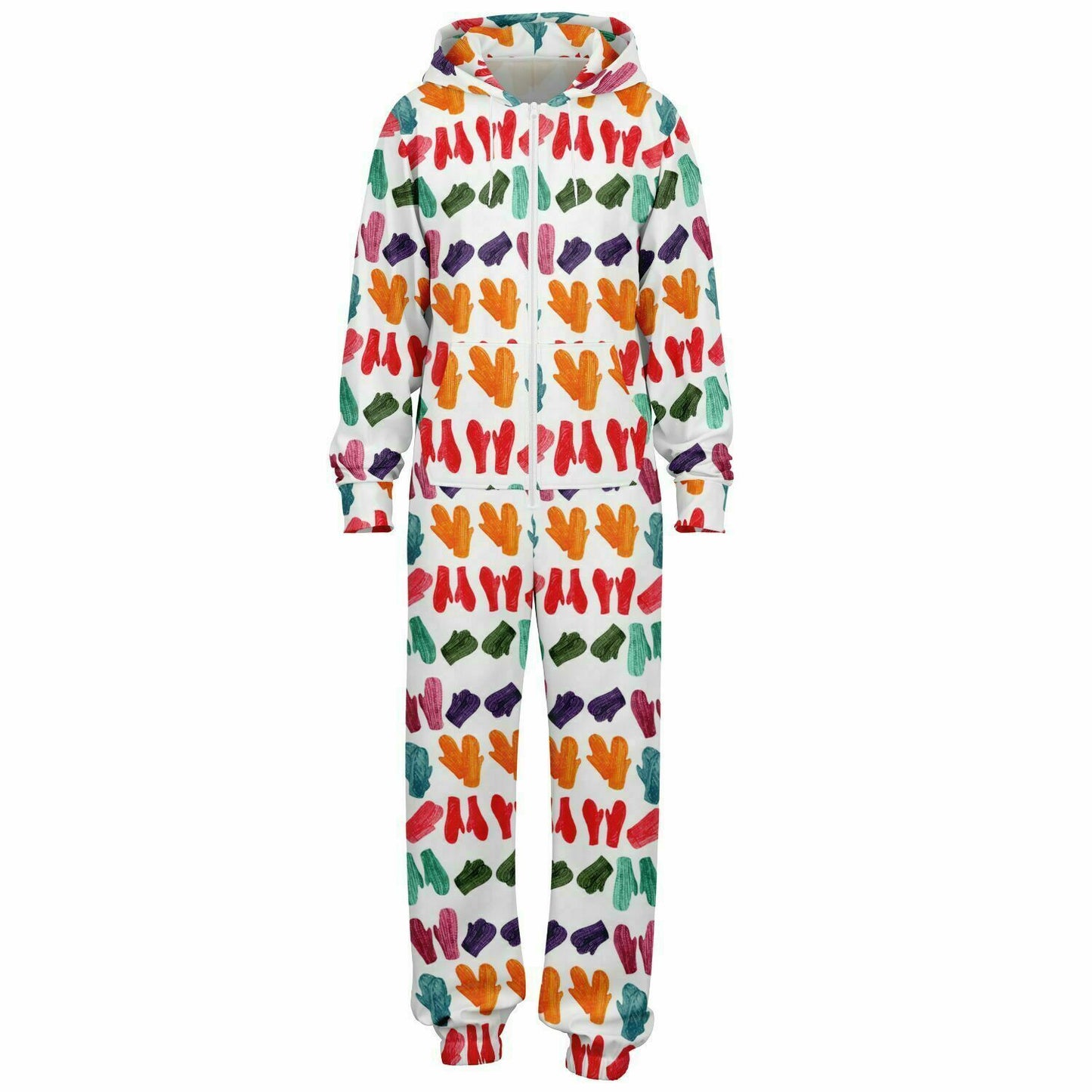 Vintage Colorful Mitten Pattern Adult Jumpsuit White Athletic Onesie Unisex PJ - HolidayShoppingFinds