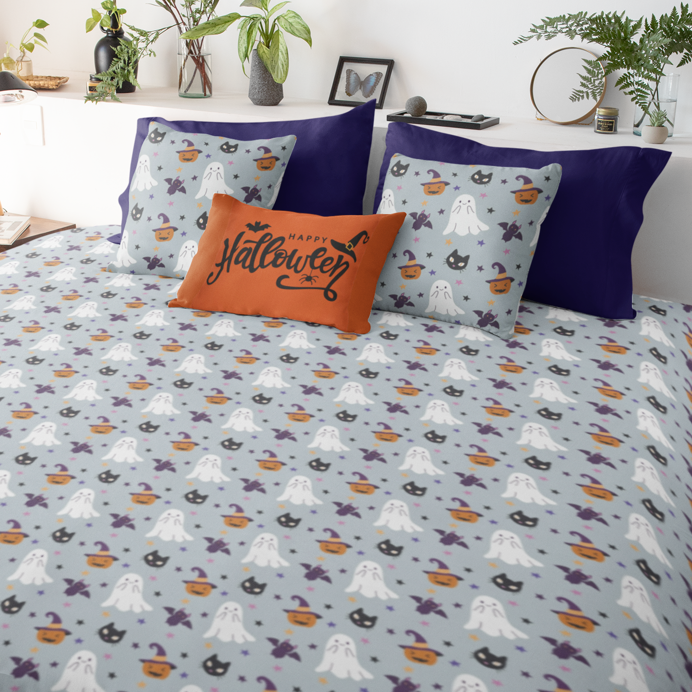 Whimsical Duvet Cover, Halloween Ghost Jack-o'-lantern Bat Duvet Gray, Twin/TwinXL/Queen/King Duvet - HolidayShoppingFinds