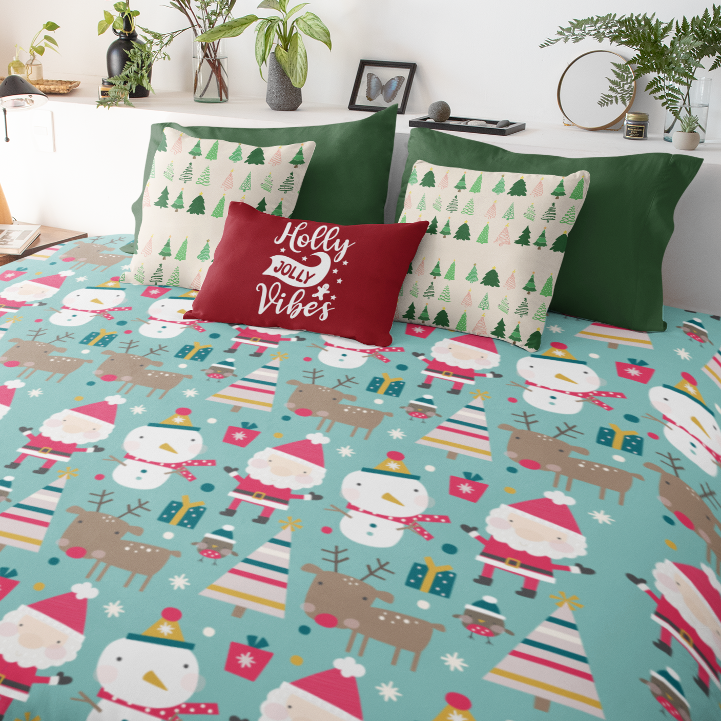 Merry Trio Green Duvet Cover with Santa, Snowman & Reindeer Twin/TwinXL/Queen/King Duvet - HolidayShoppingFinds