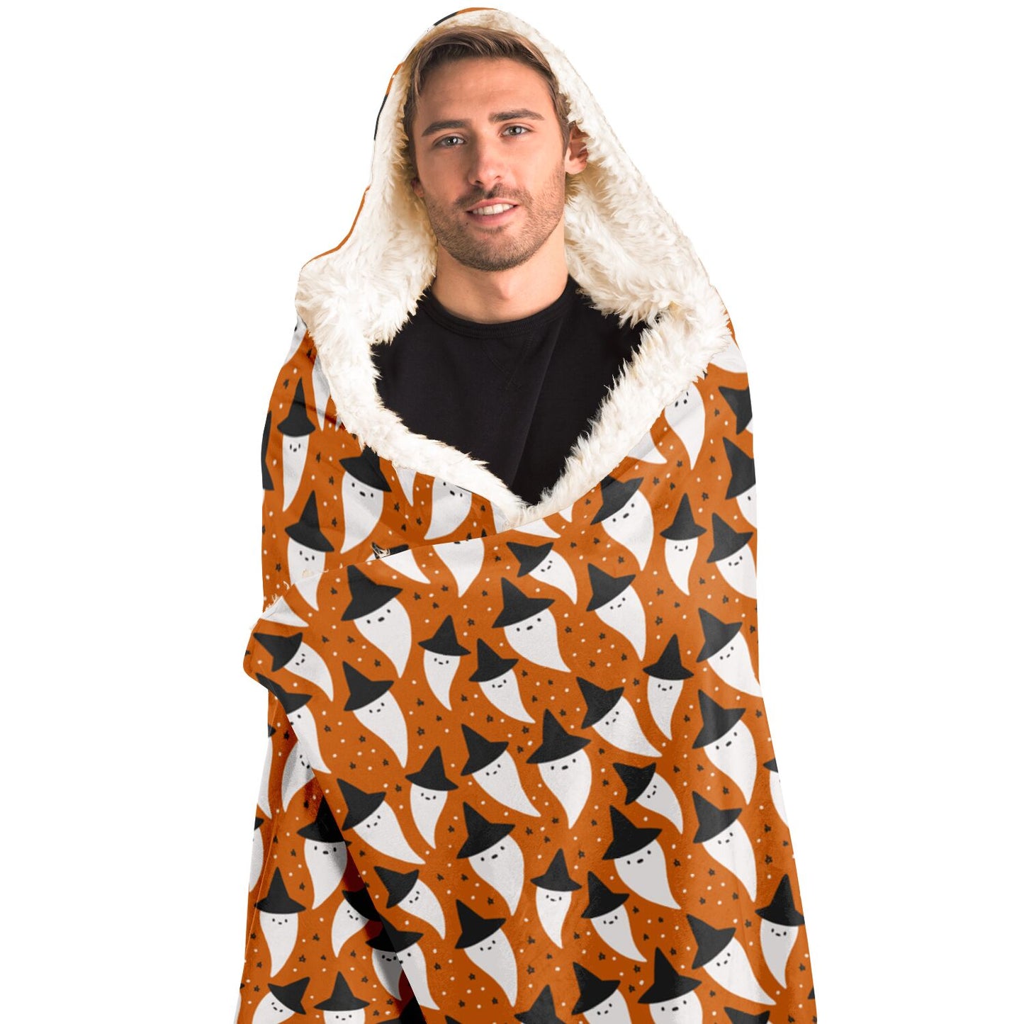 Halloween Spooky Ghosts Pattern Orange Hooded Blanket - HolidayShoppingFinds