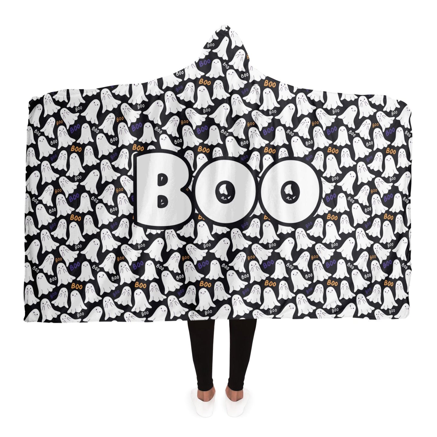 Halloween Boo Spooky Ghosts Patterned Hooded Blanket Costume Adult Premium Sherpa - HolidayShoppingFinds