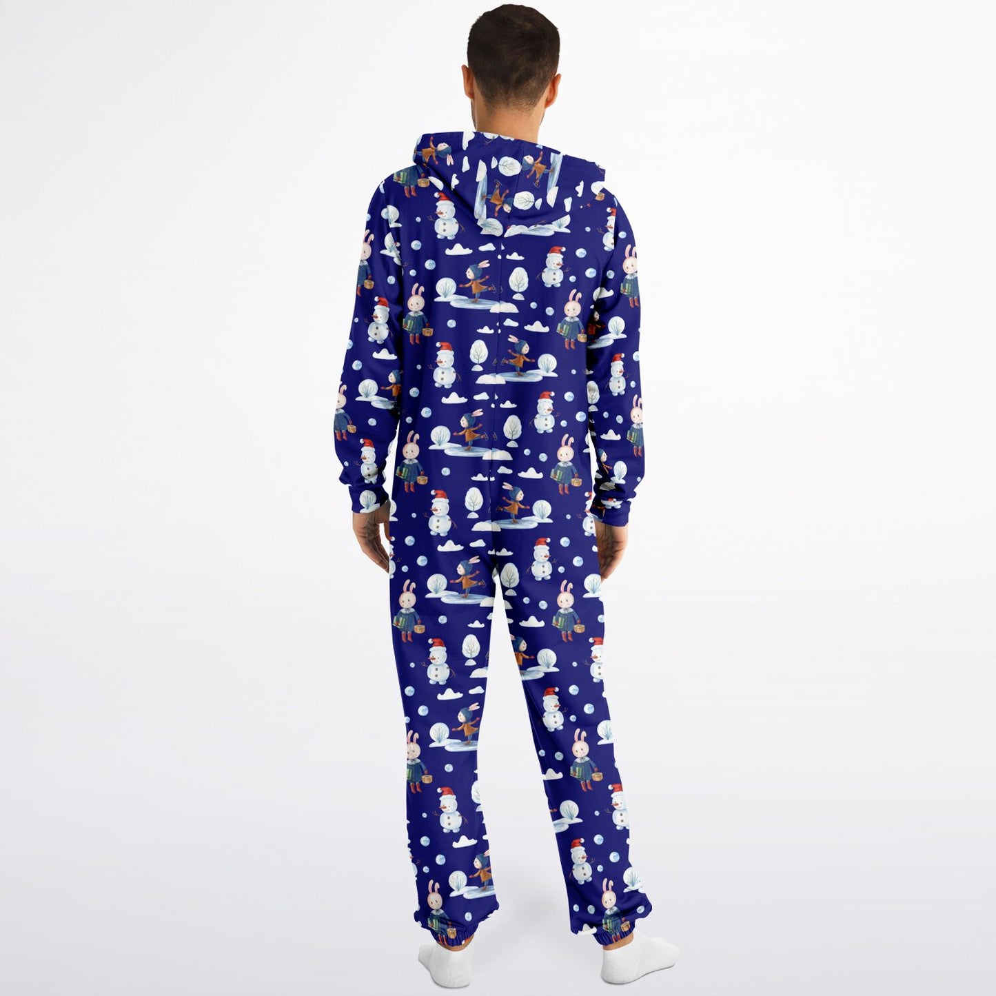 Frosty Friends Blue Winter Jumpsuit Adult Onesie Gender-Neutral Athletic PJs - HolidayShoppingFinds