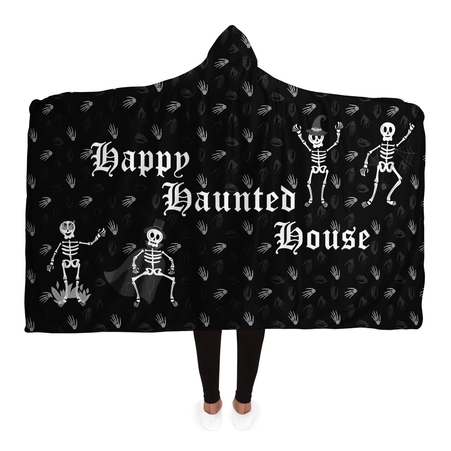 Halloween Happy Haunted House Spooky Skeletons over Bones Pattern Hooded Blanket Adult Premium Sherpa - HolidayShoppingFinds