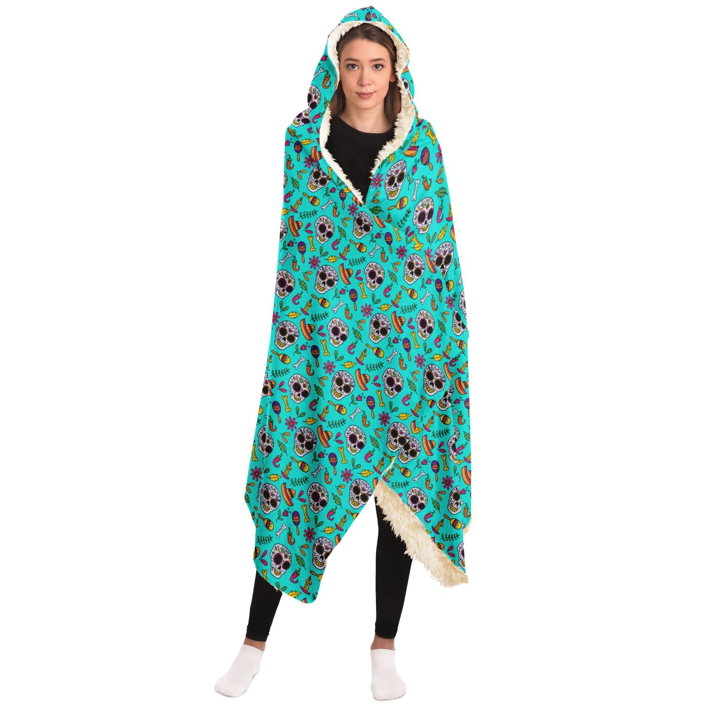 Turquoise Sugar Skull Hooded Blanket, Day of the Dead, Halloween Hooded Blanket - HolidayShoppingFinds