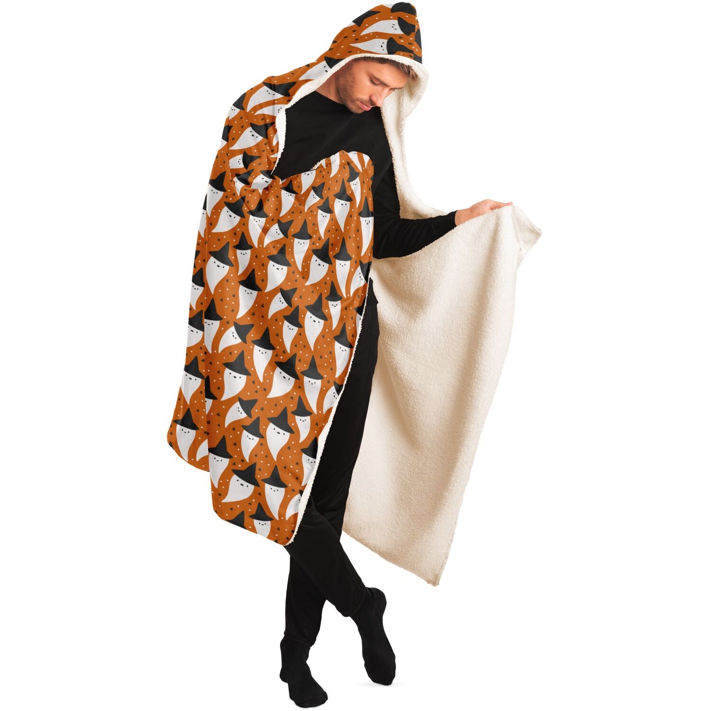 Halloween Spooky Ghosts Pattern Orange Hooded Blanket - HolidayShoppingFinds
