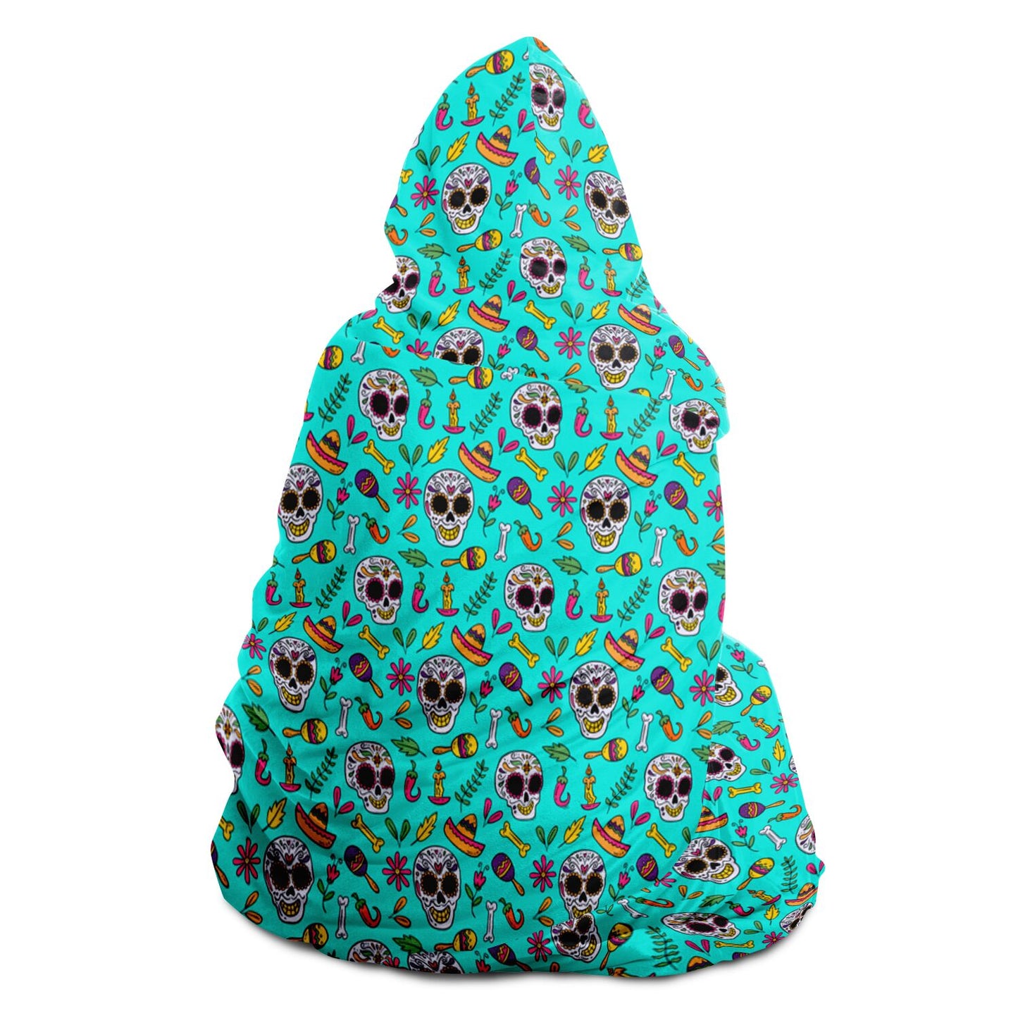 Turquoise Sugar Skull Hooded Blanket, Day of the Dead, Halloween Hooded Blanket - HolidayShoppingFinds