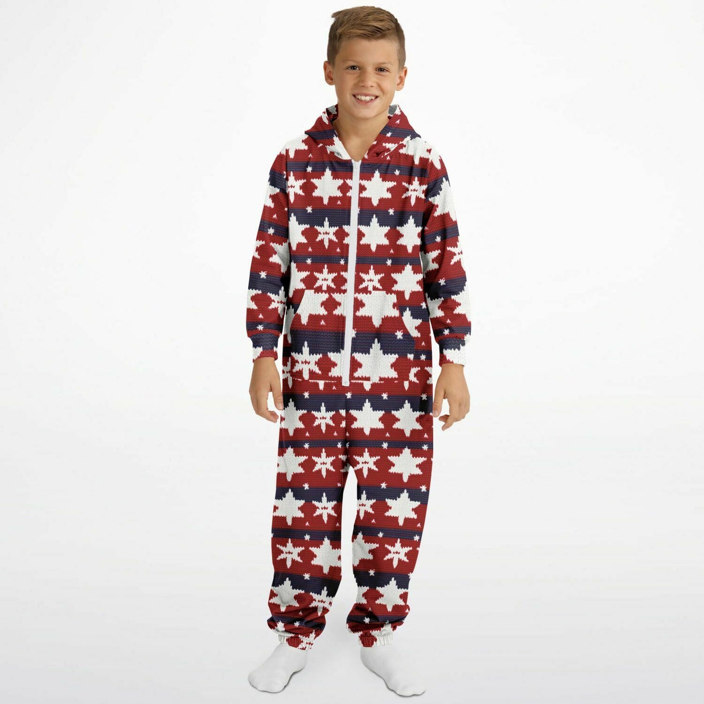 Americana Knitted Pattern Teens Onesie, Kids Patriotic Athletic Jumpsuit Red White & Blue - HolidayShoppingFinds