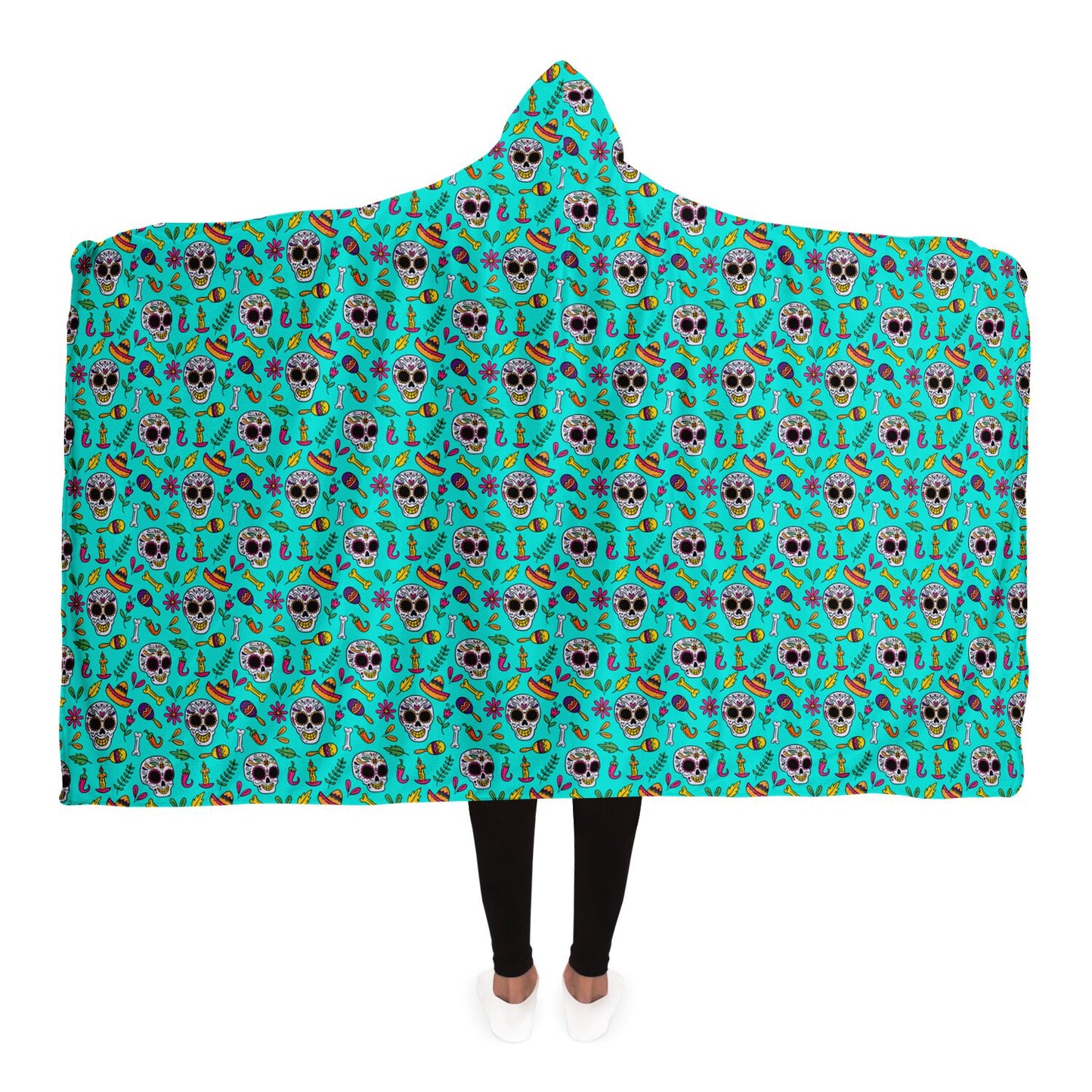 Turquoise Sugar Skull Hooded Blanket, Day of the Dead, Halloween Hooded Blanket Adult Premium Sherpa - HolidayShoppingFinds