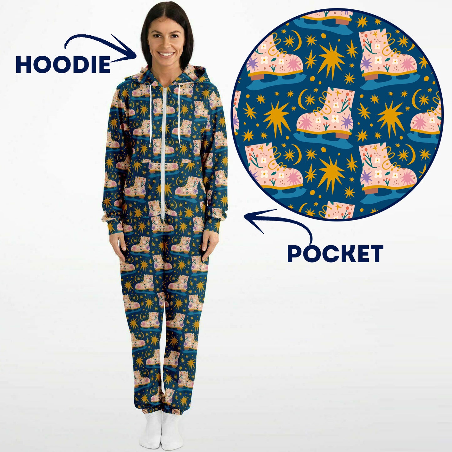 Pink Ice Skates & Yellow Stars Jumpsuit Adult Onesie Gender-Neutral Athletic - HolidayShoppingFinds