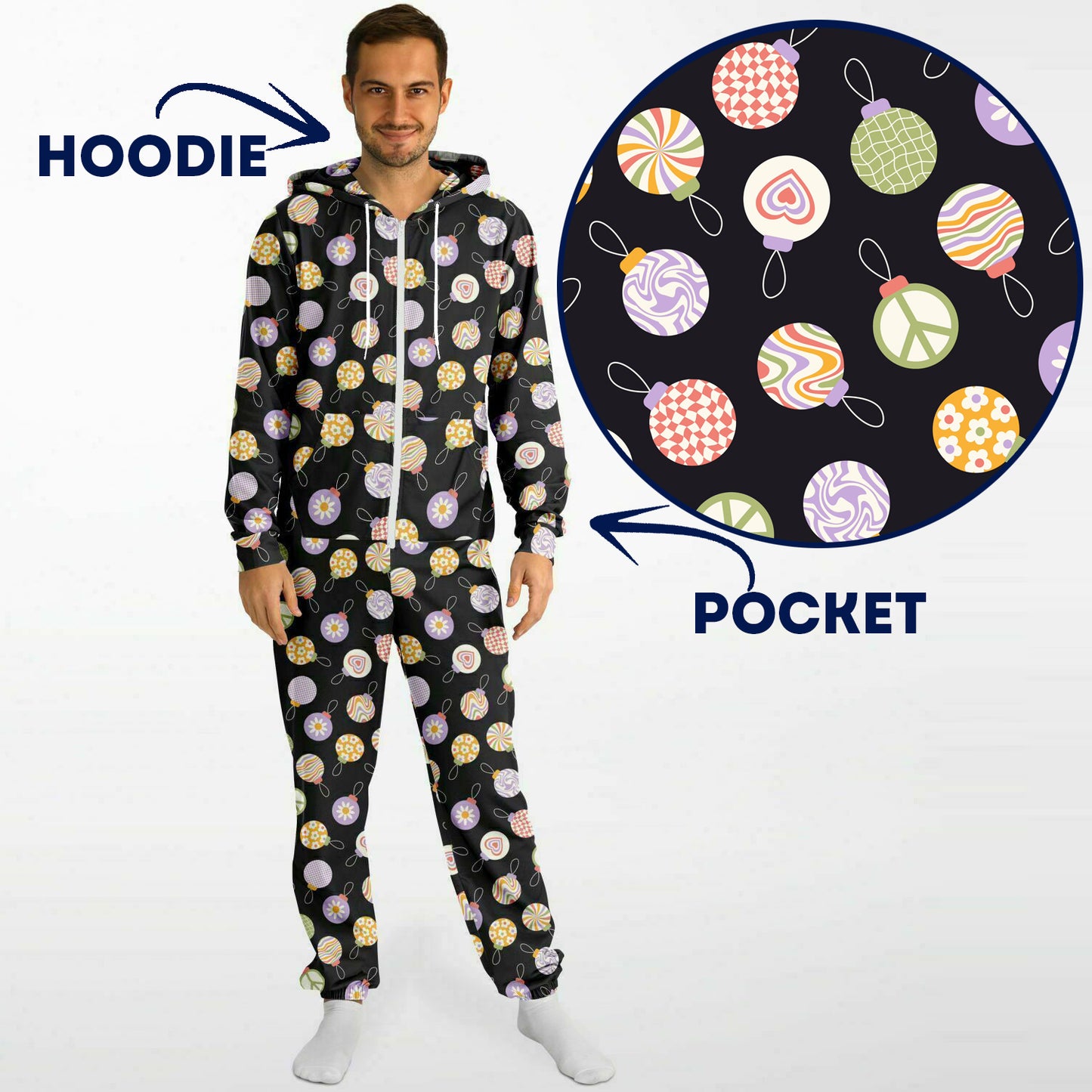 Colorful Christmas Ornaments Black Jumpsuit Adult Onesie Gender-Neutral Athletic - HolidayShoppingFinds