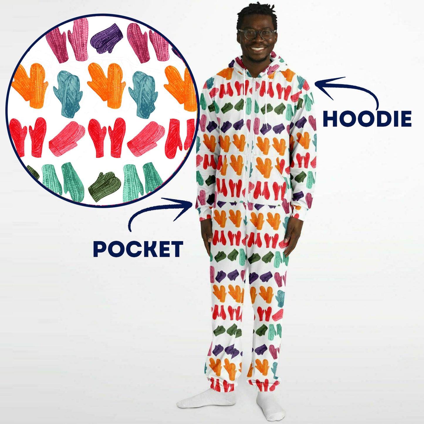 Vintage Colorful Mitten Pattern Adult Jumpsuit White Athletic Onesie Unisex PJ - HolidayShoppingFinds