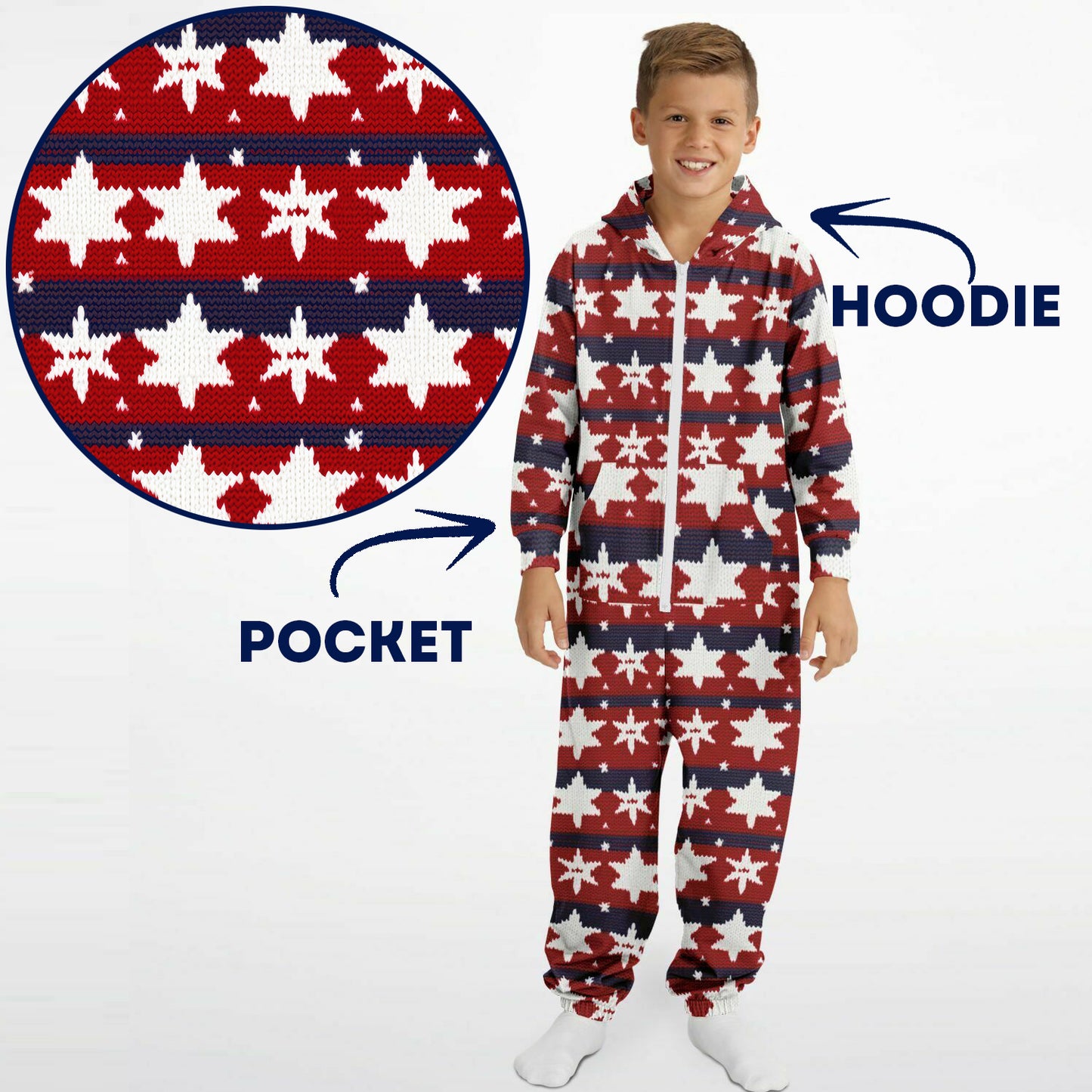 Americana Knitted Pattern Teens Onesie, Kids Patriotic Athletic Jumpsuit Red White & Blue - HolidayShoppingFinds