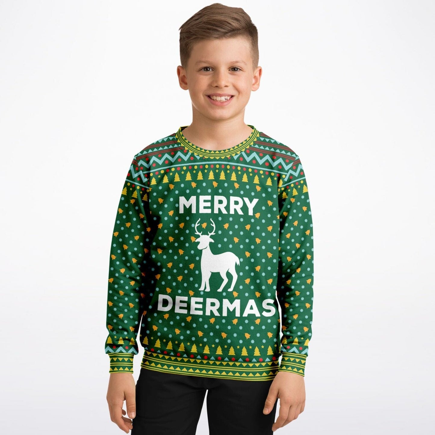 Merry Deermas Ugly Christmas Sweatshirt Kids Athletic Unisex Sweater - HolidayShoppingFinds
