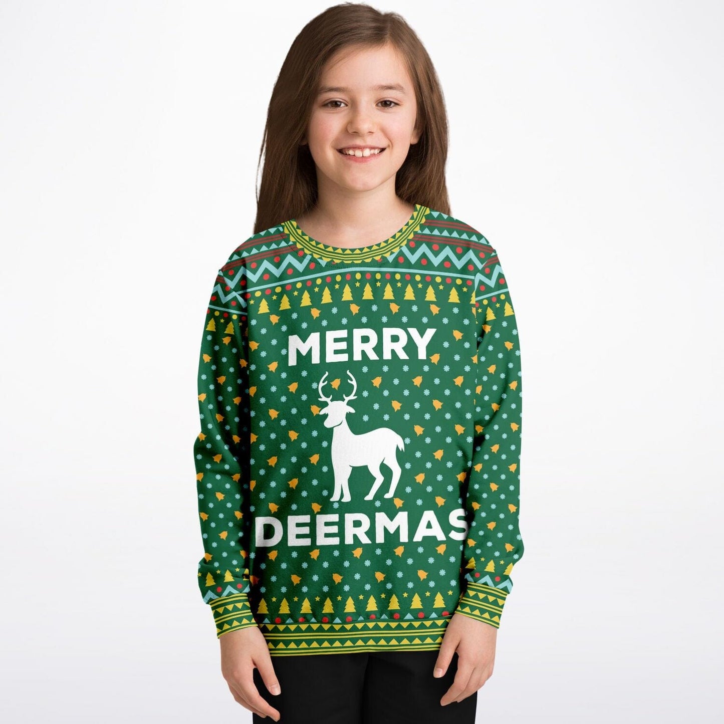 Merry Deermas Ugly Christmas Sweatshirt Kids Athletic Unisex Sweater - HolidayShoppingFinds