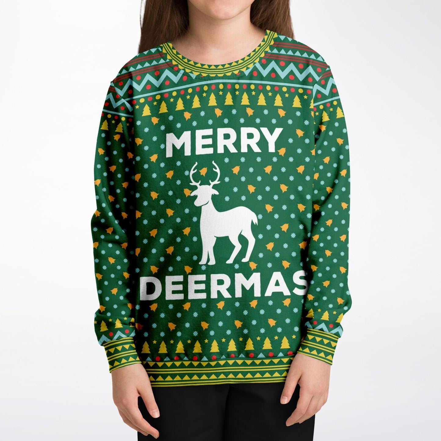 Merry Deermas Ugly Christmas Sweatshirt Kids Athletic Unisex Sweater - HolidayShoppingFinds