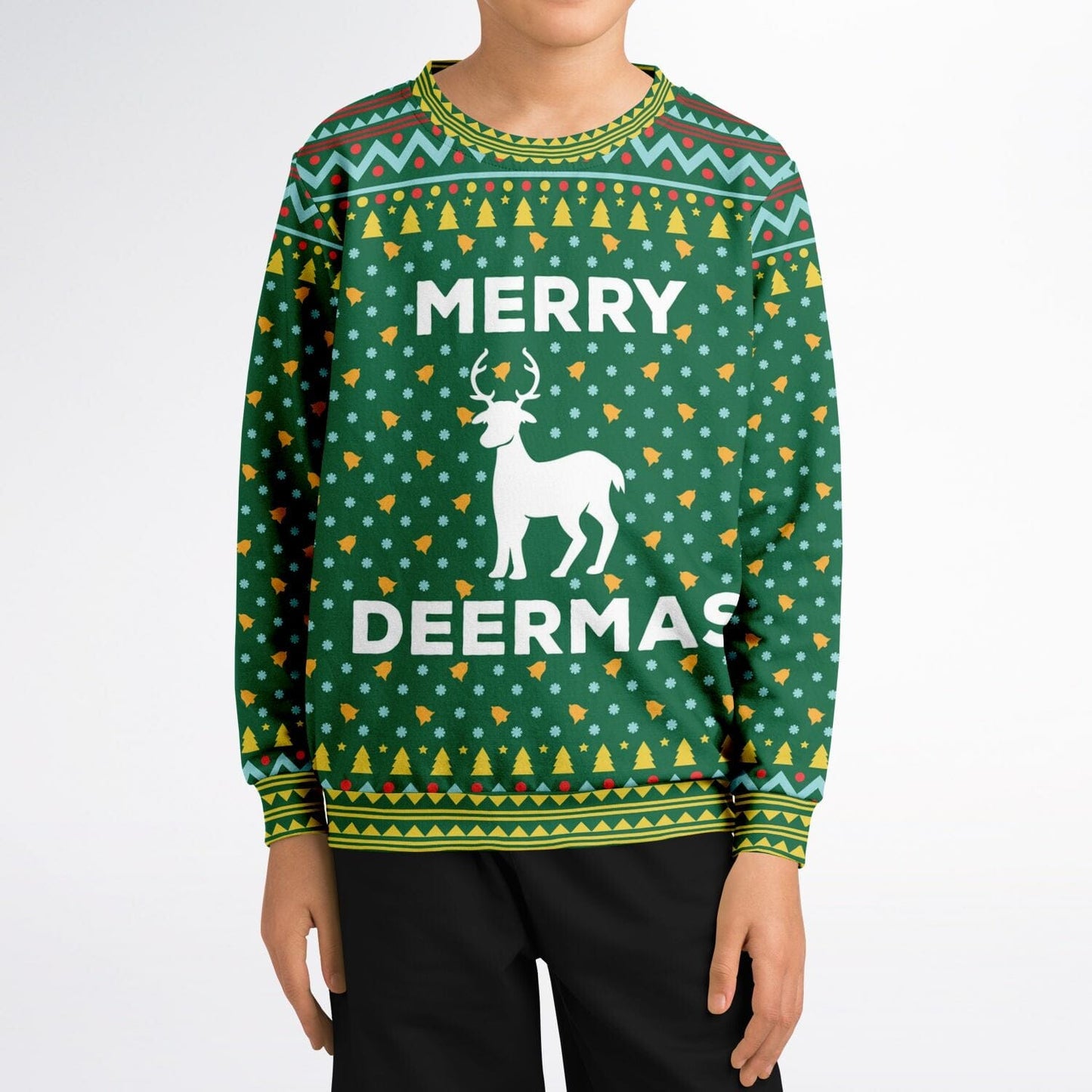 Merry Deermas Ugly Christmas Sweatshirt Kids Athletic Unisex Sweater - HolidayShoppingFinds