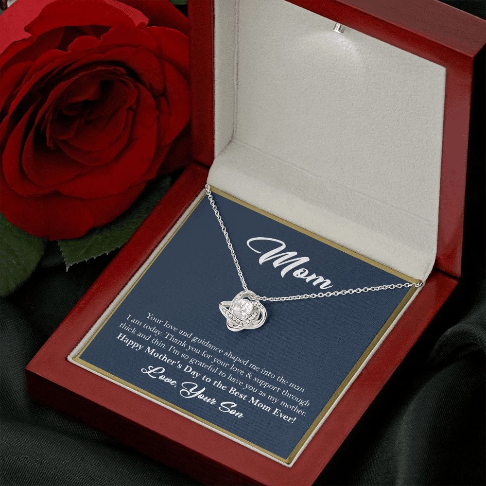 Mom Love Knot Necklace Gift from Son, Gift for Mom, Mother's Day Gift ❤ 14K White Gold Finish Luxury Box w/LED - HolidayShoppingFinds